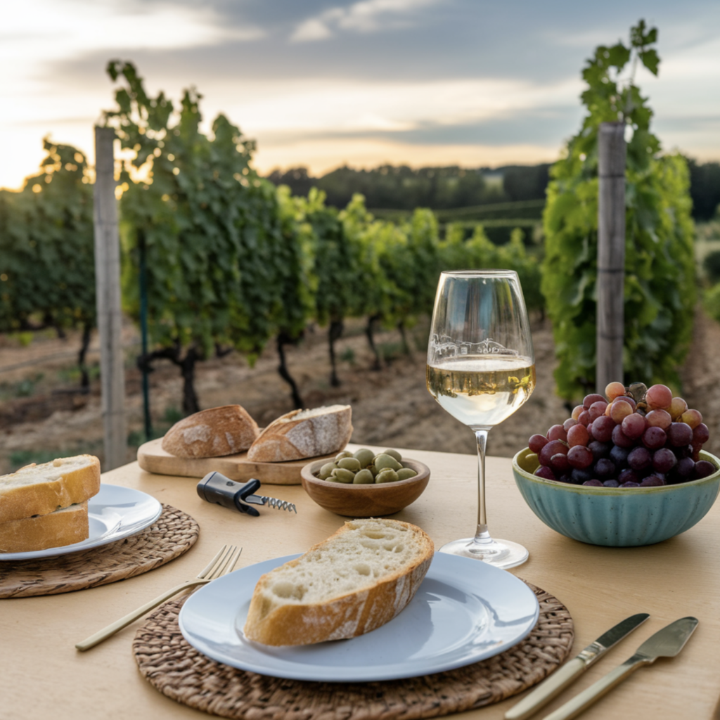 image générée par IA. 
En arrière plan il y a un paysage de vignes.
En premier plan il y a une petite table en bois avec deux assiettes blanches et du pain dedans, un bol rempli d'olives vertes, un autre un peu plus grand rempli de raisins rouges, un tire bouchon noir et un verre de vin blanc rempli. 