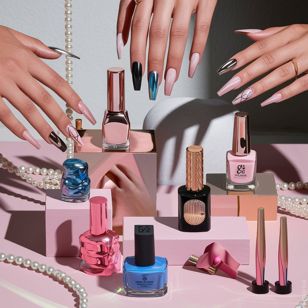 designs d'ongles uniques 2025 Mise en scène élégante mettant en avant les tendances de nail art 2025 : des mains féminines avec des ongles soignés affichant des designs sophistiqués. On y voit des ongles chromés et métalliques, des motifs minimalistes en noir et blanc.
 La palette de couleurs combine des teintes nude, pastel et des accents vibrants de bleu et doré, sur un arrière-plan doux rose."